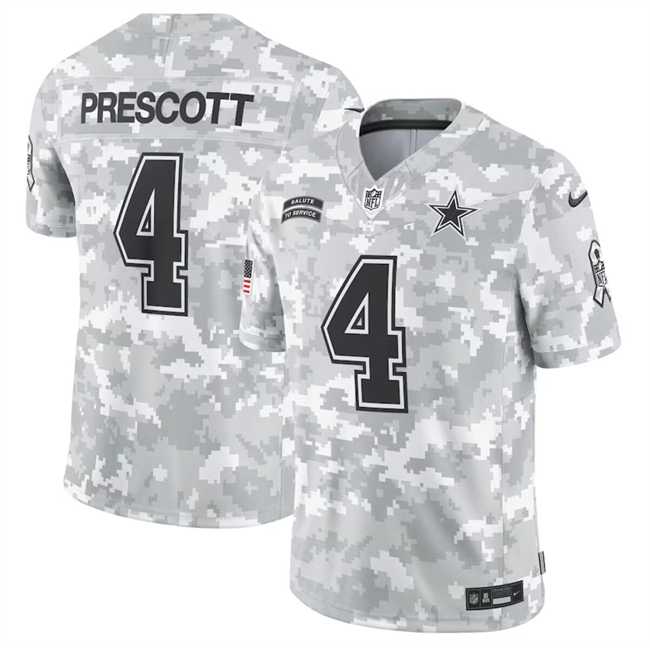 Mens Dallas Cowboys #4 Dak Prescott 2024 Arctic Camo Salute To Service Limited Stitched Jersey Dyin